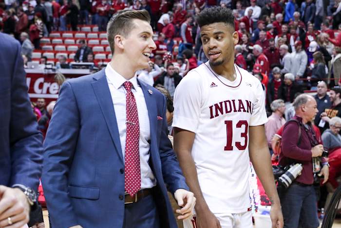 A young Brian Walsh, then Indiana's director of basketball operations for Archie Miller, shares a laugh with former Hoosier Juwan Morgan. (USA TODAY Sports)